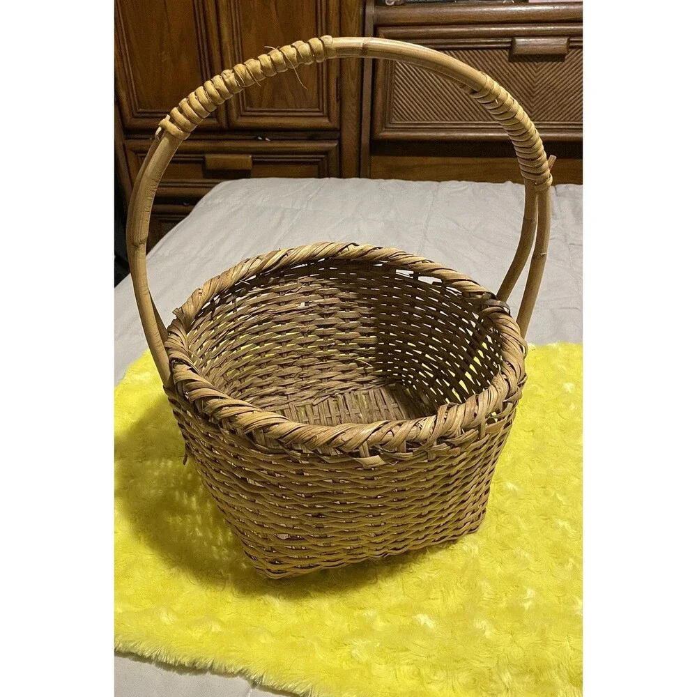 Large Amish Wicker Basket Handle Vintage 1900s Fall Home Decor Farmhouse Easter
